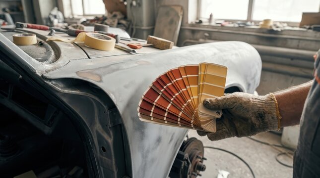 Work gloved hand holding red yellow orange paint swatches on bare metal classic car hood in restoration workshop