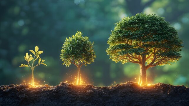 Stages of tree growth from seedling to mature oak with glowing roots in fertile soil, conceptual metaphor for business development, financial success, personal evolution, and environmental