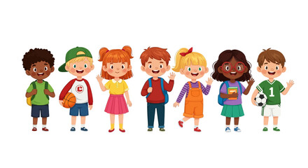 Diverse group of happy school children standing together in a cute cartoon vector illustration