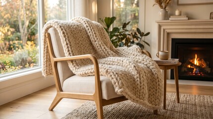 Fototapeta premium A warm and inviting living room scene featuring a modern wooden armchair draped with a cozy cream-colored chunky knit blanket, set next to a glowing fireplace and a bright window view