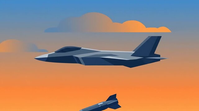 Military Fighter Jet Dropping Missile Bomb Flat Cartoon Animation