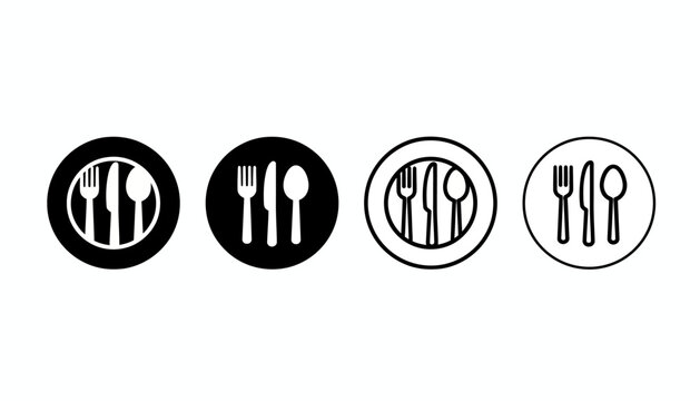 Set of Minimalist Cutlery Icons with Fork Knife and Spoon in Circular Frames for Restaurant and Menu Design