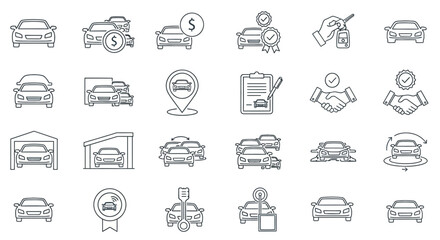 Fototapeta premium Set of linear car service and automotive business icons for vehicle sales, insurance, maintenance and garage services