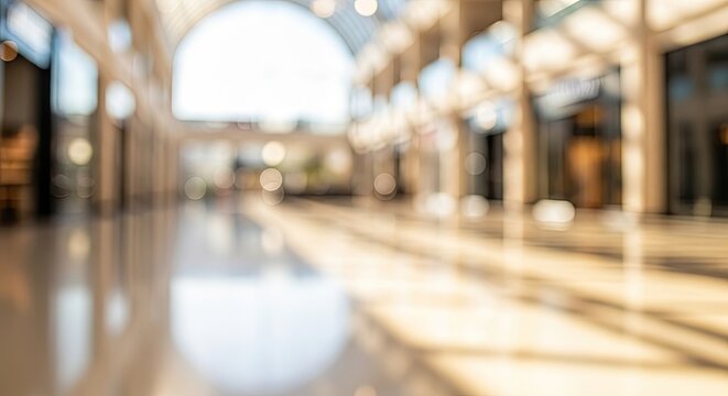 Blurred Background of Modern Shopping Mall Interior with Bright Lights.