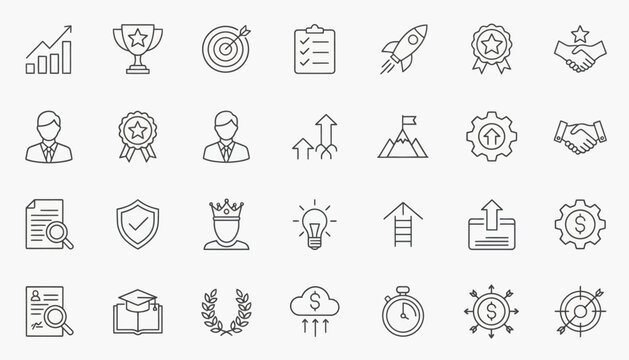 Essential collection of minimalist line icons illustrating key concepts of business development, strategic planning, career advancement, and goal attainment