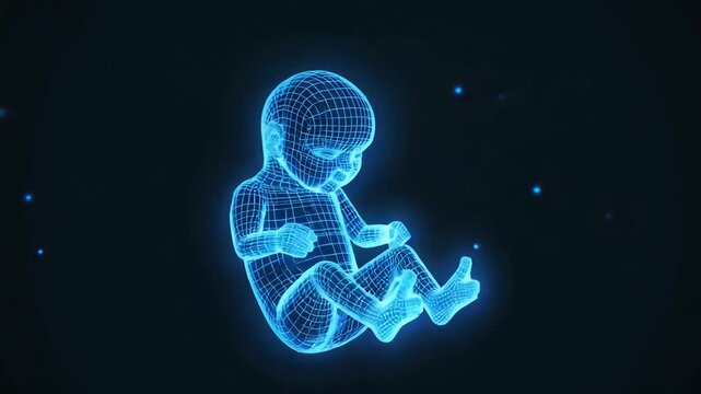 Blue wireframe model of a human fetus floating in dark space for medical science and embryology, health concept