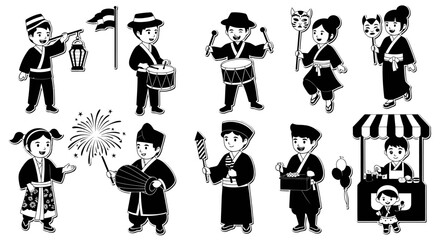 Obraz premium Japanese Festival Culture Black White Line Art: Characters, Traditions Street Food Illustration Set