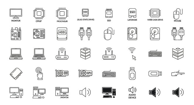 Collection of linear icons illustrating essential computer hardware, electronic devices, and technology components for modern digital interfaces, web design, and IT graphics