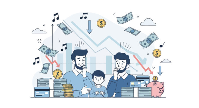 A cheerful family with a young boy and two bearded men surrounded by floating money, music notes, and graphs, conveying a joyful and prosperous mood with a mix of digital and financial