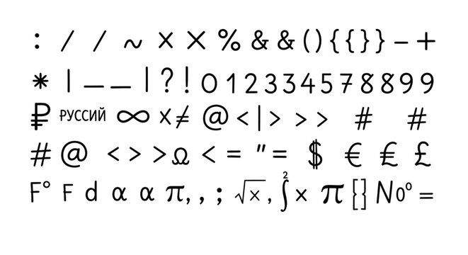 Collection of diverse typographic symbols, mathematical notations, and currency signs on a white background for graphic design and educational use