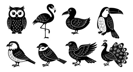 Fototapeta premium Black and White Silhouette of Various Birds in Flat Design