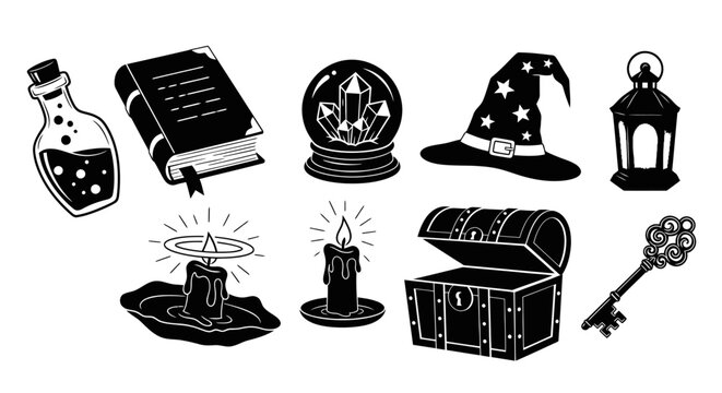 Black and White Glyph Icons: Magic Potion, Book, Crystal Ball, Hat, Lantern, Candle, Chest, Key