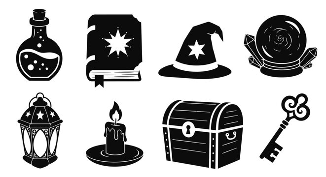 Mystical Magic Icons: Potion, Spellbook, Hat, Crystal Ball, Lantern, Candle, Chest, Key