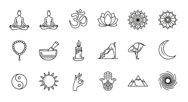 Collection of Spiritual and Yoga Icons Om, Lotus, Hamsa Hand, Yin Yang, and Meditation Poses