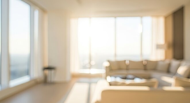 Blurred Bright Modern Living Room Interior with Large Windows and Sofa.