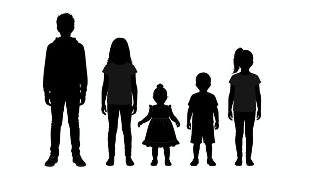 Silhouettes of five children of varying heights, representing different age groups, depicted against a white background