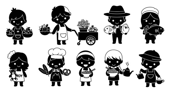 Black  White Glyph Vector Art: Cute Kids as Food Vendors, Bakers, Fishermen, Tea Sellers