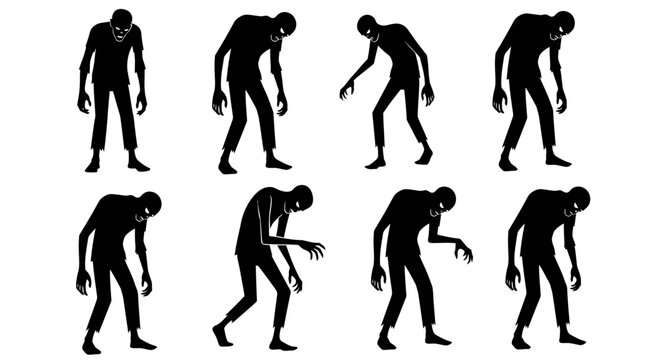 Collection of eight walking zombie character illustrations in silhouette with white background