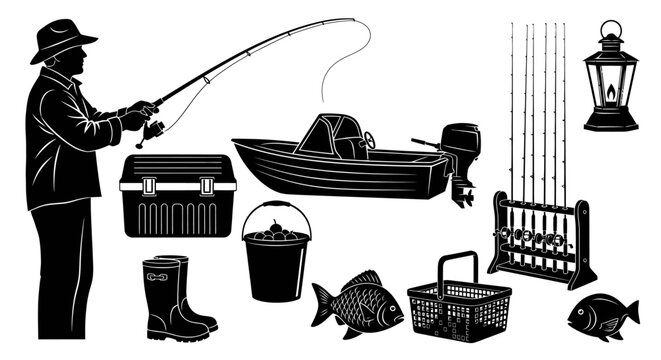 Fishing Gear Vector: Fisherman, Boat, Tackle Box, Rods, Lantern, Fish, Basket