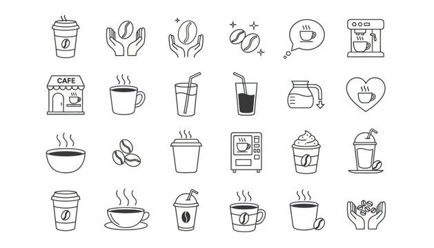 Coffee and Cafe Outline Vector Icons Set. Hot and cold drinks, beans, brewing equipment, and shop elements for web, app, and graphic design projects