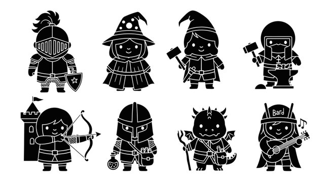 Black and White Fantasy RPG Characters Glyph Icons Set