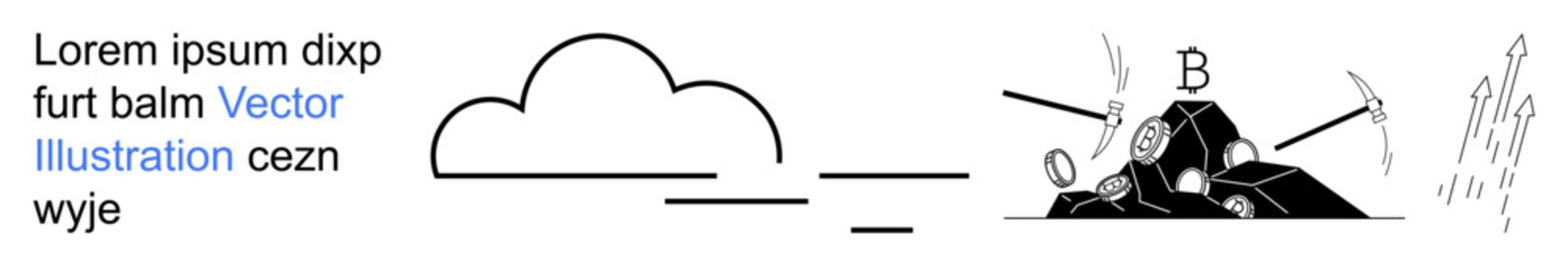 Cryptocurrency, blockchain, data processing, cloud computing, investment trends, decentralization. Cloud shapes, Bitcoin coins, and mining equipment show cryptocurrency and blockchain concepts