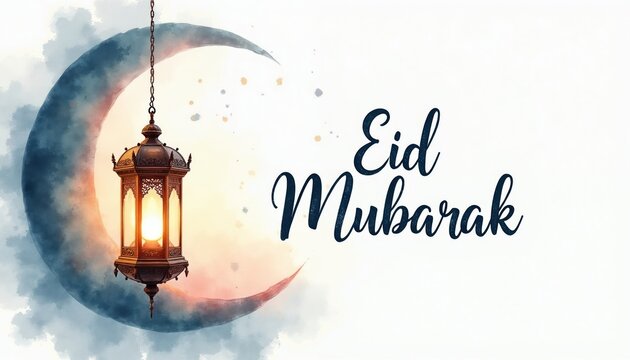 Watercolor illustration Eid Mubarak greeting card. Crescent moon and traditional lantern illuminate festive Islamic celebration background. Ramadan Kareem wishes, peaceful holiday art.