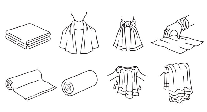 Various towel folding and usage illustrations with clean lines on a white background