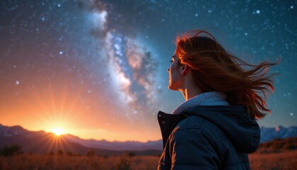 Fototapeta premium Woman gazes at starry night sky and sunset over mountains. Person contemplates universe, galaxy, and cosmic wonders. Amazing view inspires imagination and future.