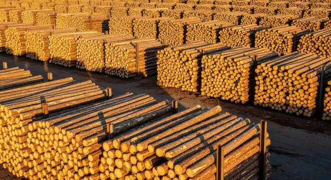 Extensive lumber yard displaying massive stacks of harvested timber logs under bright sunlight, ready for construction and industry.