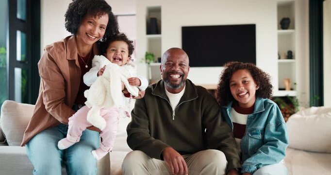 Love, parents and kids in home with face, bonding together or unity in healthy relationship. Smile, portrait or African people on sofa with baby, family connection or happy moment in living room.