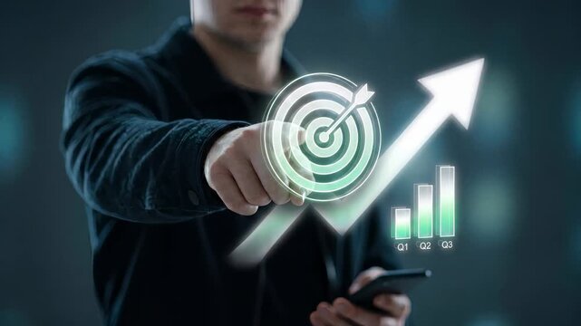Holographic bullseye target with rising arrow and quarterly bar chart pointed by business professional for goal achievement and growth strategy planning