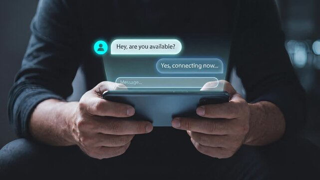 Holographic chat message bubbles appearing on smartphone screen with dialogue text for instant messaging, digital communication and real-time online connection