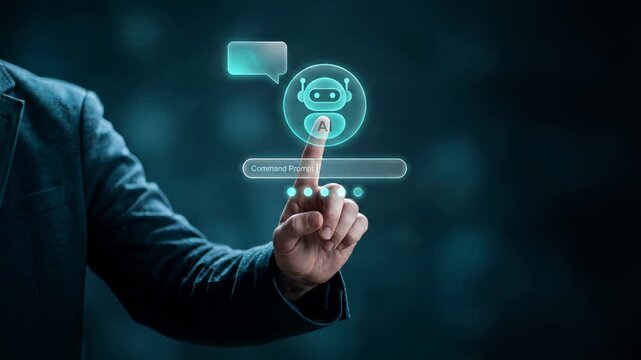 Holographic chatbot robot interface with command prompt and speech bubble activated by business professional for conversational automation and virtual assistant interaction