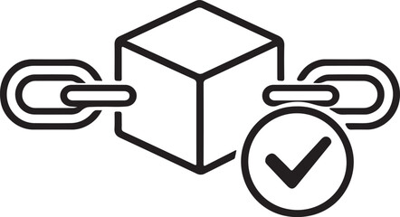 Blockchain verified product icon with chain and checkmark in thin modern outline style © MdKhalid