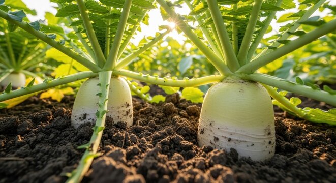 Fresh white daikon radishes growing organically in rich soil with green leaves reaching towards sunlight