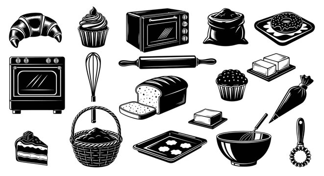 Baking Icons Set: Black and White Line Art of Kitchen Tools and Pastries