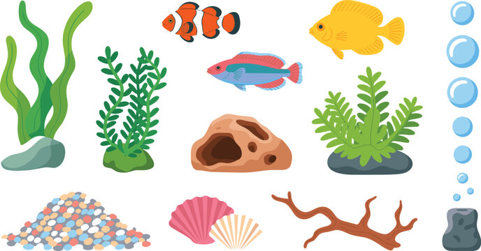 Aquarium Vector Icon Set with Tropical Fish, Clownfish, Seaweed Plants, Cave Rock, Gravel Pebble Pile, Driftwood, and Bubbles Graphic Elements