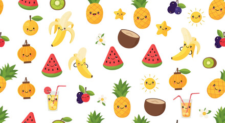 Fototapeta premium Cute Cartoon Vector Summer Fruits and Happy Characters Pattern for Kids Food Drink Designs