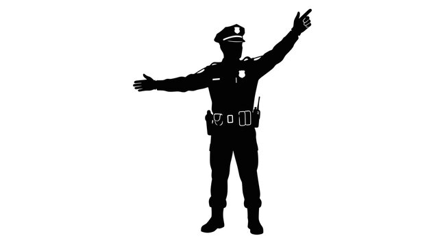 Silhouette of a police officer directing traffic with arms outstretched and pointing upwards
