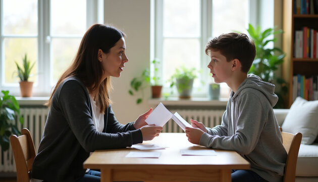 Woman teaches boy using flashcards at table. Speech therapy session for language development and communication skills. Adolescent boy improves vocabulary and learning in educational setting.