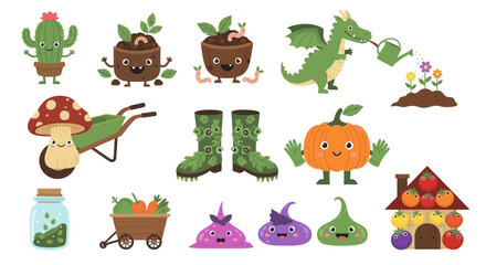 Fototapeta premium Cute Flat Cartoon Vector Gardening and Farm Elements for Kids - Plants, Vegetables, and Tools