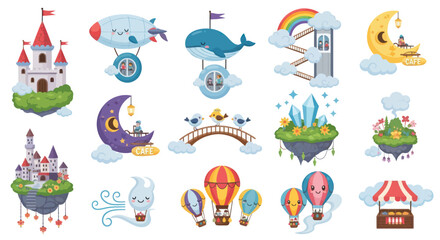 Obraz premium Whimsical flat cartoon vector illustration set of magical floating islands, castles, hot air balloons, and fantasy elements