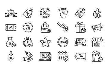 Black line sale icons set, 24 retail discount and promotion outline symbols, shopping offer and clearance marketing elements for web design © Creative Wings
