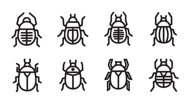 Collection of eight stylized beetle icons in linear design on a clean white background