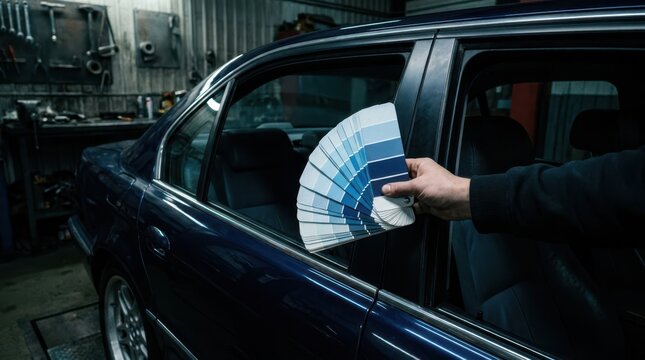 Bare hand holding blue tone gradient paint fan deck next to dark navy blue sedan in atmospheric dark workshop