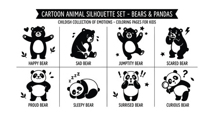 Bear and panda silhouettes set cartoon animal shapes on white background © MdNirob