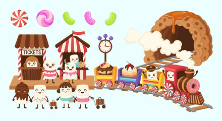 Naklejka premium Sweet Food Dessert Train Amusement Park Flat Cartoon Illustration with Candy Characters