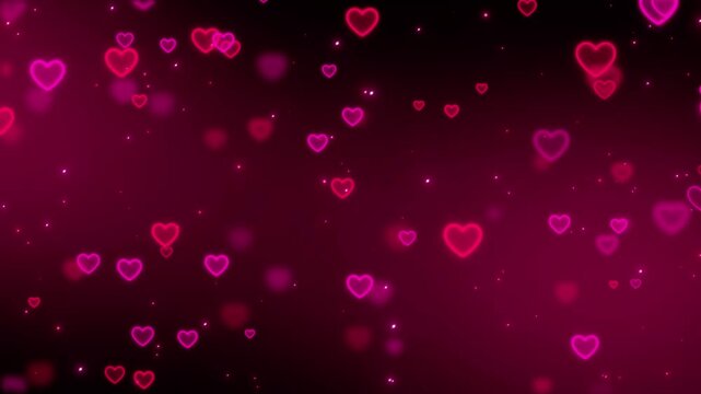 valentines day red neon hearts and lights on dark animation, shiny glowing love and passion 14 February and anniversary social media motion background