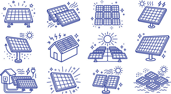 Set of 9 Hand Drawn Doodle Solar Panel House Icons | Vector Rooftop Energy Illustration Pack